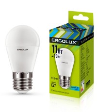 Эл.лампа светодиодная Шар  LED-G45-11W-E27-4K (11Вт=95Вт 915Lm  E27 4500K 172-265В) Ergolux