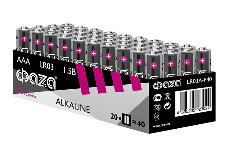 Элемент питания  LR 03(ААА) Alkaline Pack-40 ( батарейка,1.5В ) ФАZА