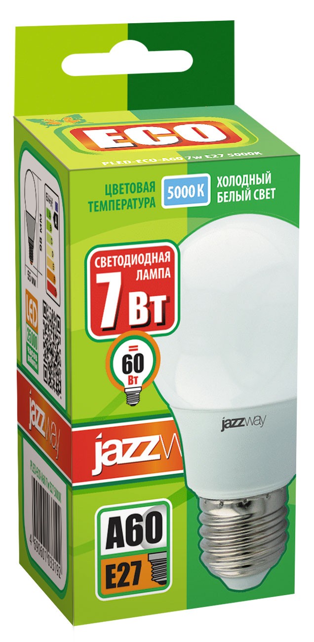 Лампа светодиодная PLED- ECO- A60  7w E27 5000K 230V/50Hz  Jazzway