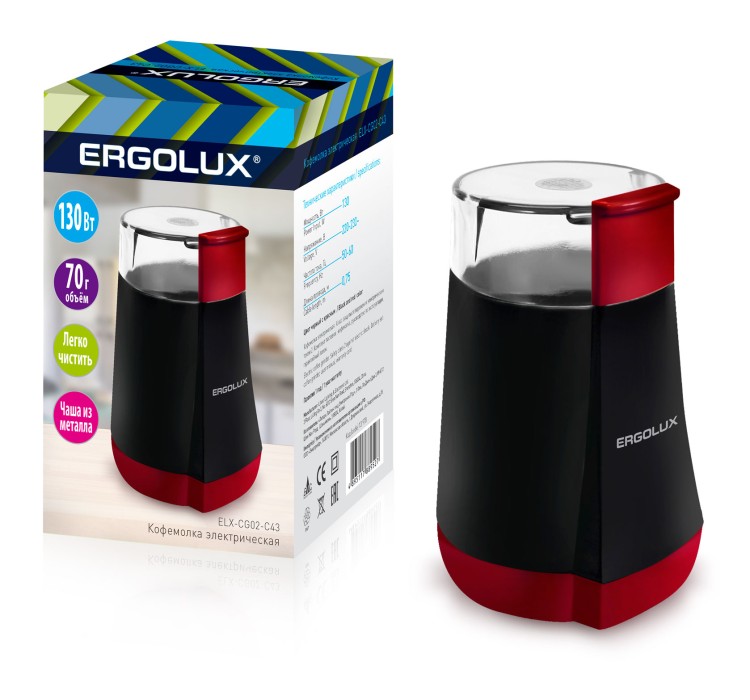 Электрическая кофемолка ELX-CG02-С43 черно-красная (130 Вт, 220-240 В, объем 70 гр) ERGOLUX