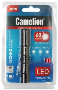 Фонарь LED 51516  (черн,  LED XPE, 3 реж 1XLR03 в комплекте, алюм.,блистер) Camelion