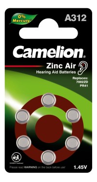Элемент питания для слуховых аппаратов ZA312 BL-6 Mercury Free (A312-BP6(0%Hg)1.4 V,170mAh) Camelion