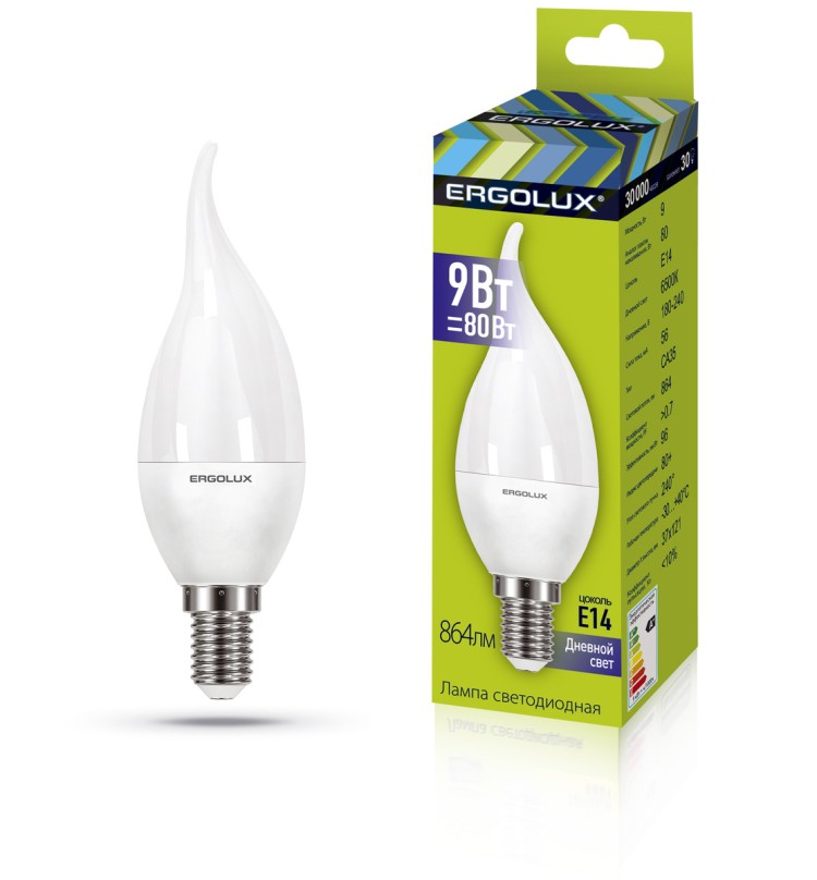Эл.лампа светодиодная Свеча на ветру  LED-СA35-9W-E14-4K (9Вт=80Вт 855Lm E14 4500K 180-240В) Ergolux