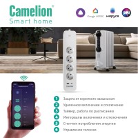 Camelion Smart Home SZD/SH/4х1,5/WIFI (Сетевой фильтр 4гн.1,5м.,16A 4000В, USB+Type-С, WiFi+Счетчик)