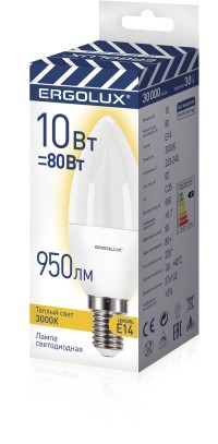 Эл.лампа светодиодная Свеча LED-C35-10W-E14-3K (10Вт=80Вт 950Lm E14 3000K 220-240В ПРОМО) Ergolux