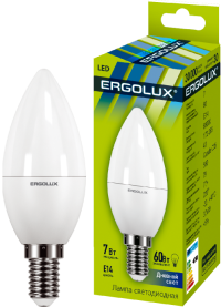 Эл.лампа светодиодная Свеча  LED-С35-7W-E14-6K (7Вт=60Вт 550Lm E14 6500K 172-265В) Ergolux