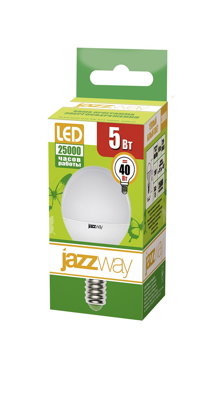 Лампа светодиодная PLED- ECO-G45 5 W 3000K Е14 230/50 (5W=40Вт 400Lm) jaZZway