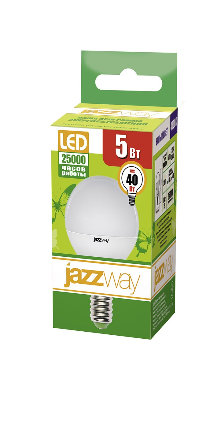 Лампа светодиодная PLED- ECO-G45 5 W 4000K Е14 230/50 (5W=40Вт 400Lm) jaZZway