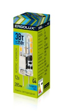Эл.лампа светодиодная LED-JC-3W-G4-4K ( 3Вт G4 4500К 12В) Ergolux