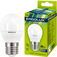 Эл.лампа светодиодная Шар  LED-G45-7W-E27-6K (7Вт=60Вт 550Lm E27 6500K 172-265В) Ergolux