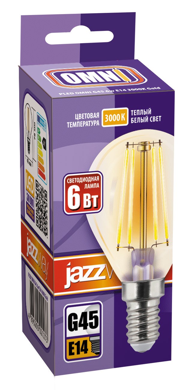 Лампа светодиодная  PLED OMNI G45 6w E14 3000K Gold 230/50  Jazzway