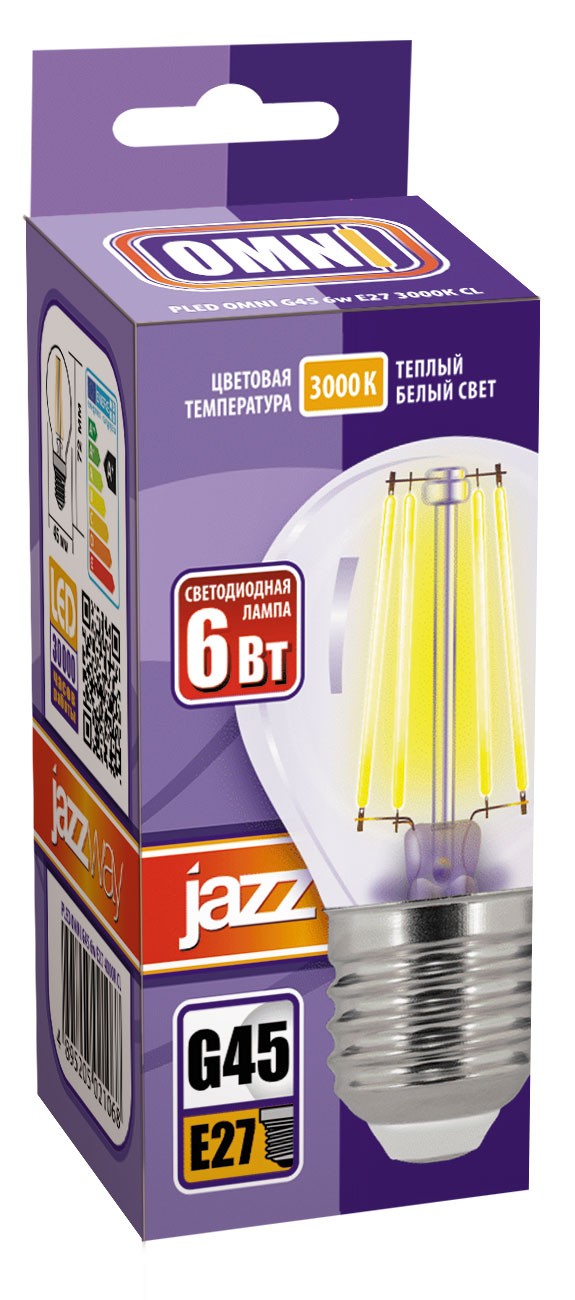 Лампа светодиодная  PLED OMNI G45 6w E27 3000K CL 230/50  Jazzway