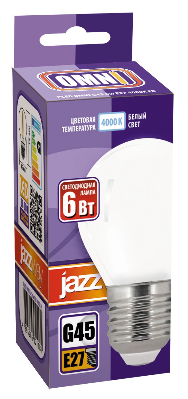 Лампа светодиодная  PLED OMNI G45 6w E27 4000K FR 230/50  Jazzway