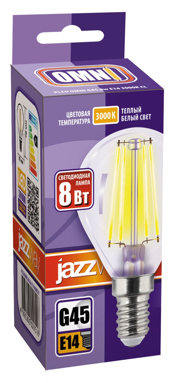 Лампа светодиодная  PLED OMNI G45 8w E14 3000K CL 230/50  Jazzway