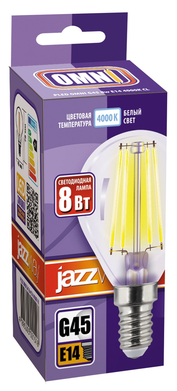 Лампа светодиодная  PLED OMNI G45 8w E14 4000K CL 230/50  Jazzway