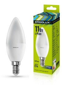 Эл.лампа светодиодная Свеча  LED-C35-11W-E14-6K (11Вт=95Вт 925Lm E14 6500K 172-265В) Ergolux
