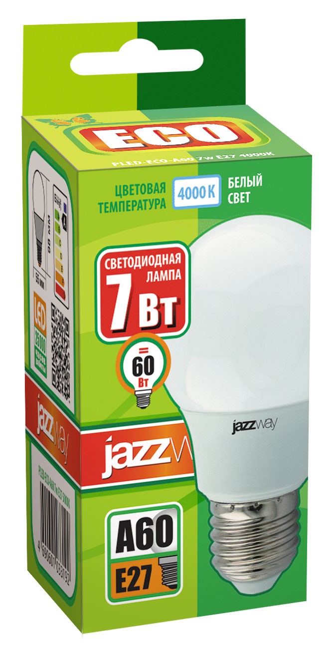 Лампа светодиодная PLED- ECO- A60  7w E27 4000K 230V/50Hz  Jazzway