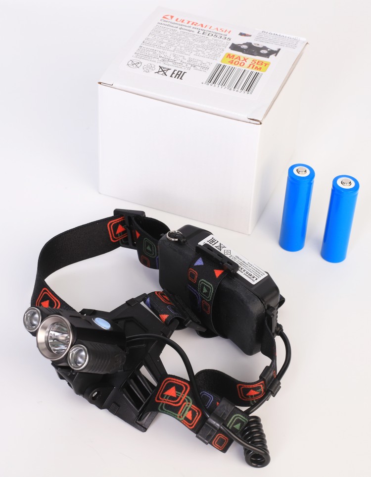 Фонарь налобный LED 5337  (акк 3,7В, черн., 1LED, 5 Вт, фокус, 2 ак. 3 реж, USB, бокс са) Ultraflash