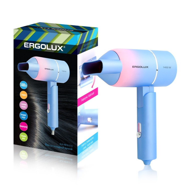 Фен со складной ручкой ELX-HD10-C13 голубой/розовый (1400 Вт, 220-240В) ERGOLUX
