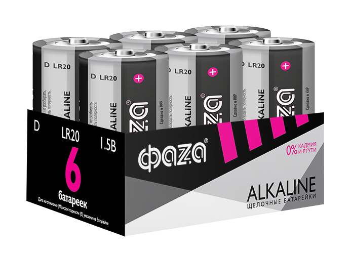 Элемент питания LR20(D) Alkaline Pack-6 (батарейка,1.5В) ФАZА