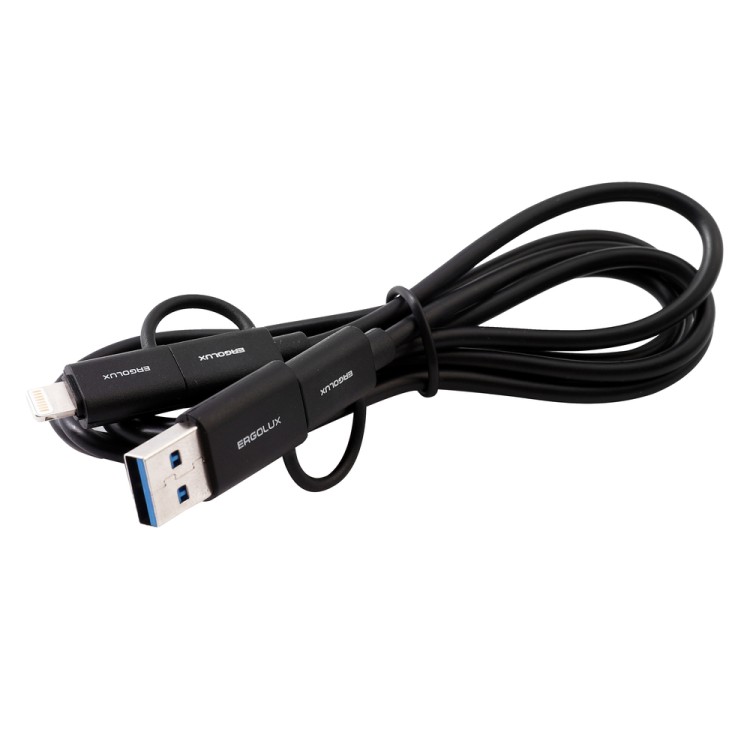 Кабель 4 в 1, USB/Type C-Type C/Lightning ELX-CDC07-C02 (5А, 60Вт, 1,2м, Черный, З+ПД, Кор) ERGOLUX