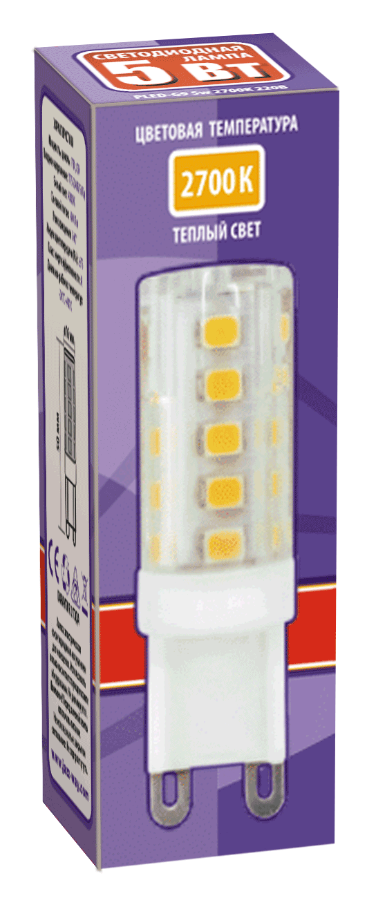 Лампа светодиодная  PLED-G9 5W 2700K 220/50 (5W=30Вт, 300Lm)  jaZZway
