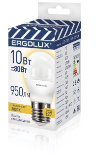 Эл.лампа светодиодная Шар  LED-G45-10W-E27-3K (10Вт=80Вт 950Lm E27 3000K 220-240В ПРОМО) Ergolux