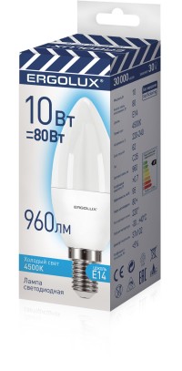 Эл.лампа светодиодная Свеча LED-C35-10W-E14-4K (10Вт=80Вт 960Lm E14 4500K 220-240В ПРОМО) Ergolux