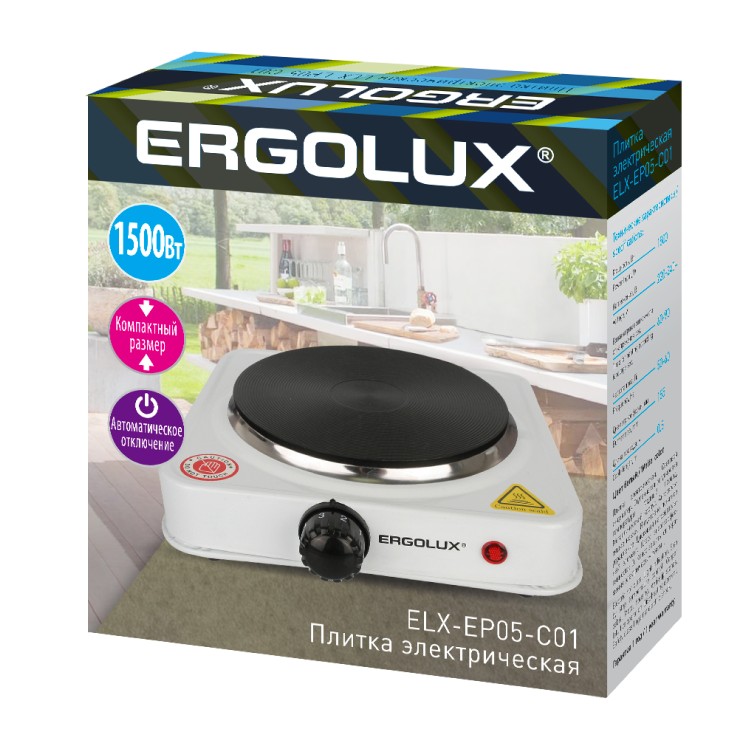 Электроплитка ELX-EP05-C01 белая (1 конф., дисковый нагр.эл.1500Вт, 220-240В) ERGOLUX