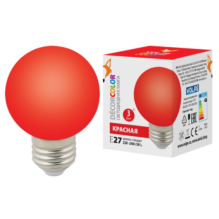 LED-G60-3W/RED/E27/FR/С Лампа декоративная светодиодная. Форма "шар", матовая. Цвет красный. Картон.