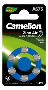Элемент питания для слуховых аппаратов ZA675 BL-6 Mercury Free (A675-BP6 (0%Hg), 1.4 V) Camelion