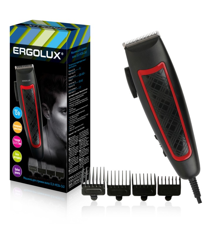 Машинка для стрижки волос  ELX-HC04-C43 черный с красным (15Вт, 220-240В)ERGOLUX
