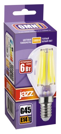 Лампа светодиодная шар PLED OMNI G45 6W E14 3000K CL (6W=60Вт, 600Lm) 230/50 Jazzway