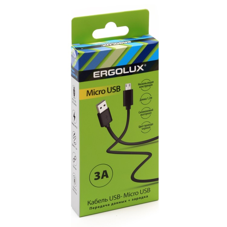 Кабель USB-Micro USB ELX-CDC01-C02 (3А, 1,2м, Черный, Зарядка+Передача данных, Коробка) ERGOLUX