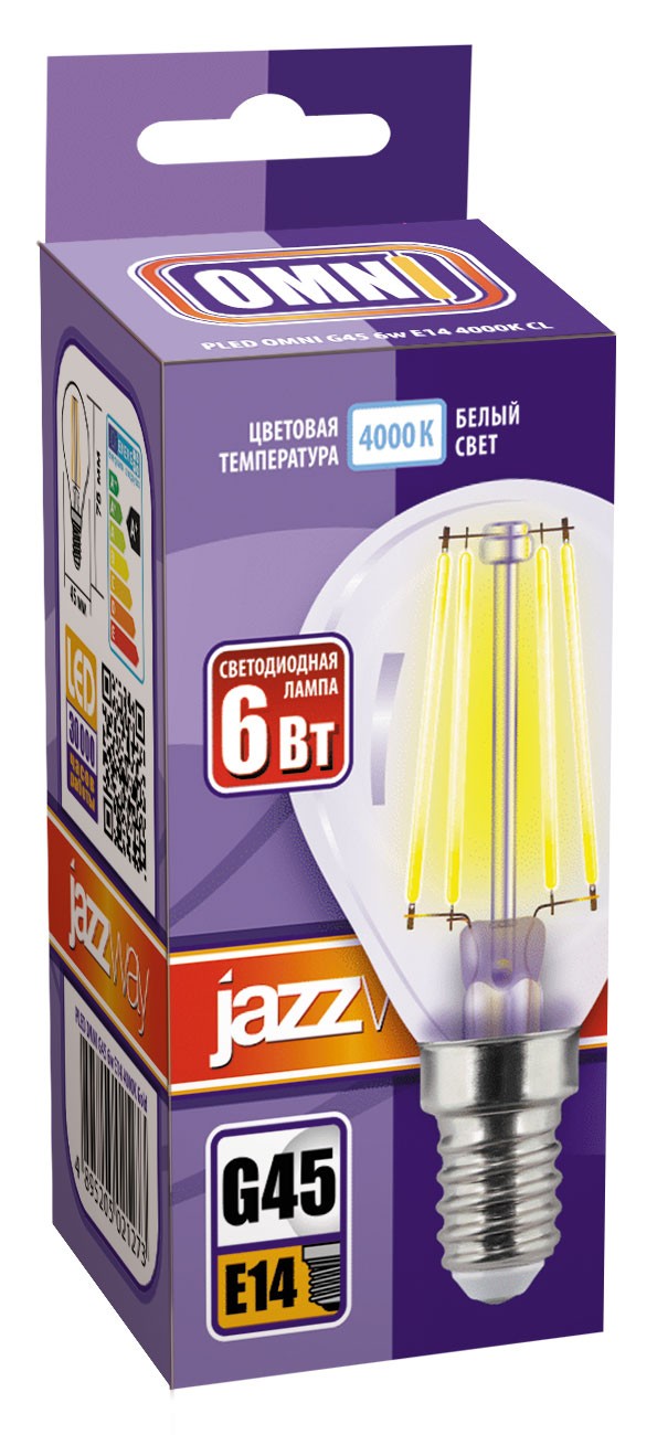 Лампа светодиодная  PLED OMNI G45 6w E14 4000K CL 230/50  Jazzway