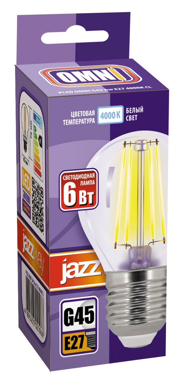 Лампа светодиодная  PLED OMNI G45 6w E27 4000K CL 230/50  Jazzway