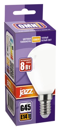 Лампа светодиодная шар PLED OMNI G45 8W E14 3000K FR (матовая) (8W=75Вт, 720Lm) 230/50 Jazzway