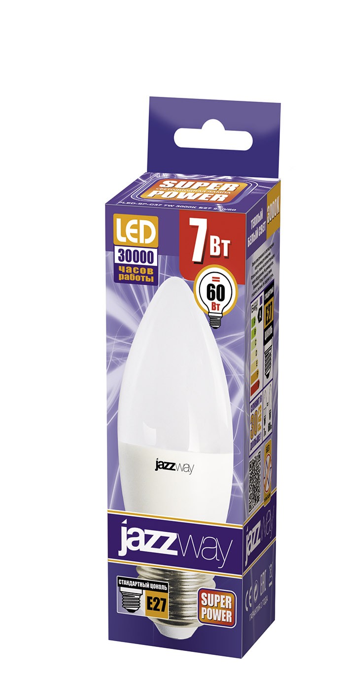Лампа светодиодная  PLED- SP C37  7w E27 3000K  230/50  Jazzway